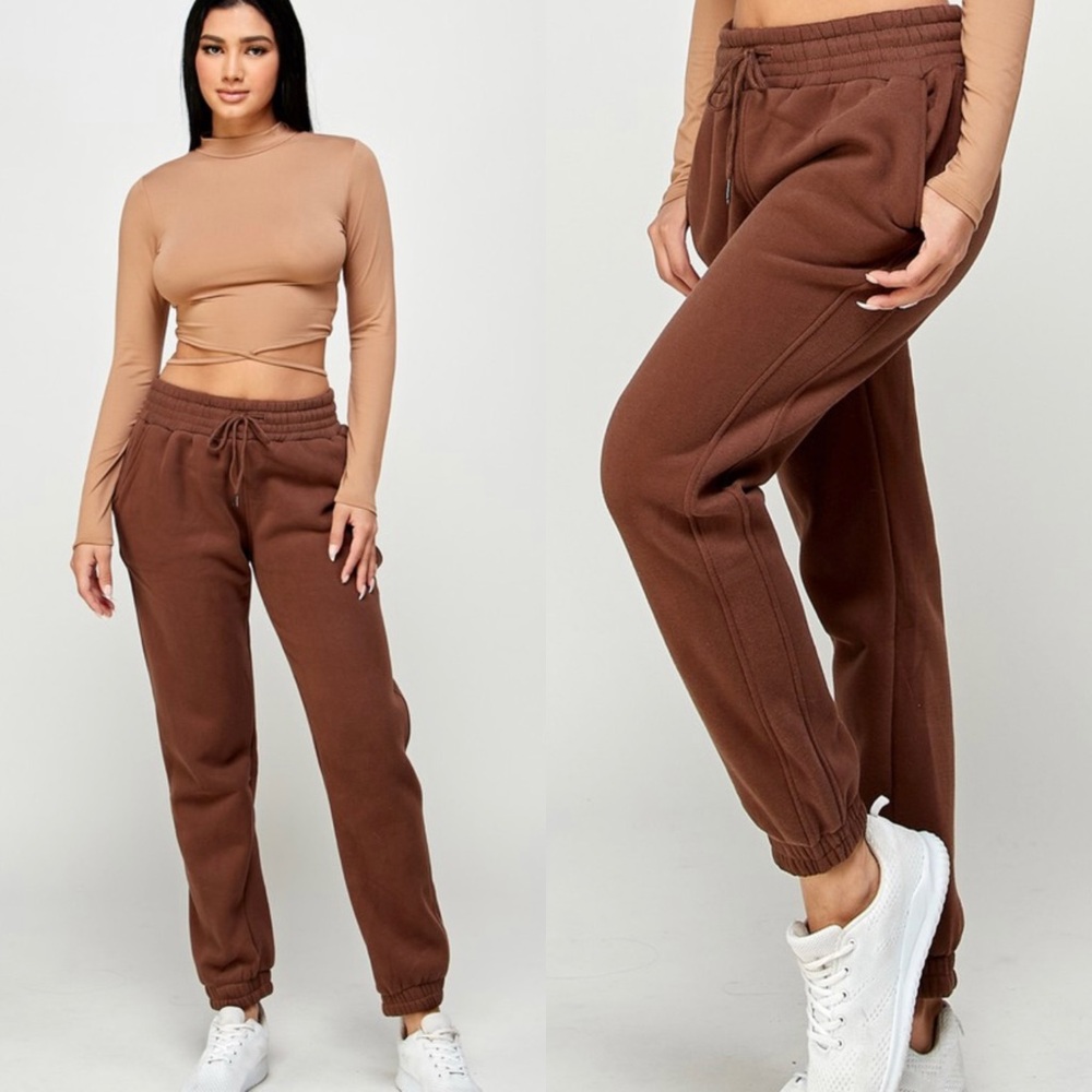 Brown Track Pants with Relaxed Fit and Adjustable Waist